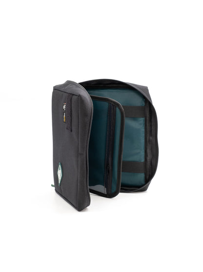 Grey radio holder case with teal-lined inner panel and front zipper pocket