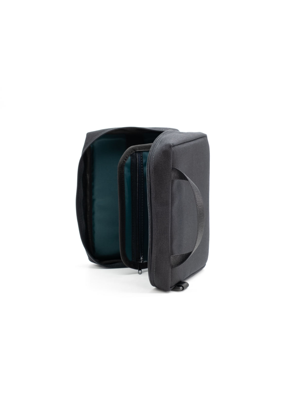 Teal-lined radio holder case with front pocket and zipper, side view