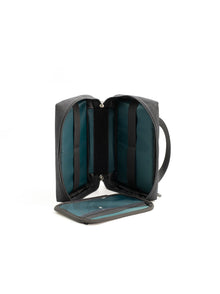 Soft radio holder case, open with teal lining and zip compartments