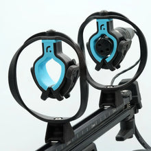 Pair of black hoop adaptor mounts with blue shock inserts and strap