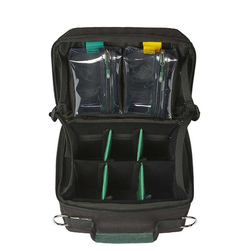 Black organizer case interior with teal base and multiple elastic slots for accessories.