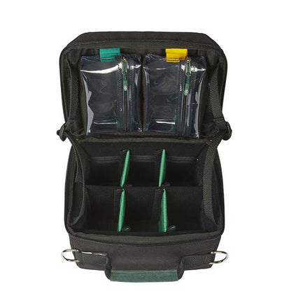 Black organizer case interior with teal base and multiple elastic slots for accessories.