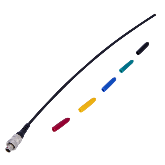 Whip antenna with metal base and long dark rod; includes colored adapter tips