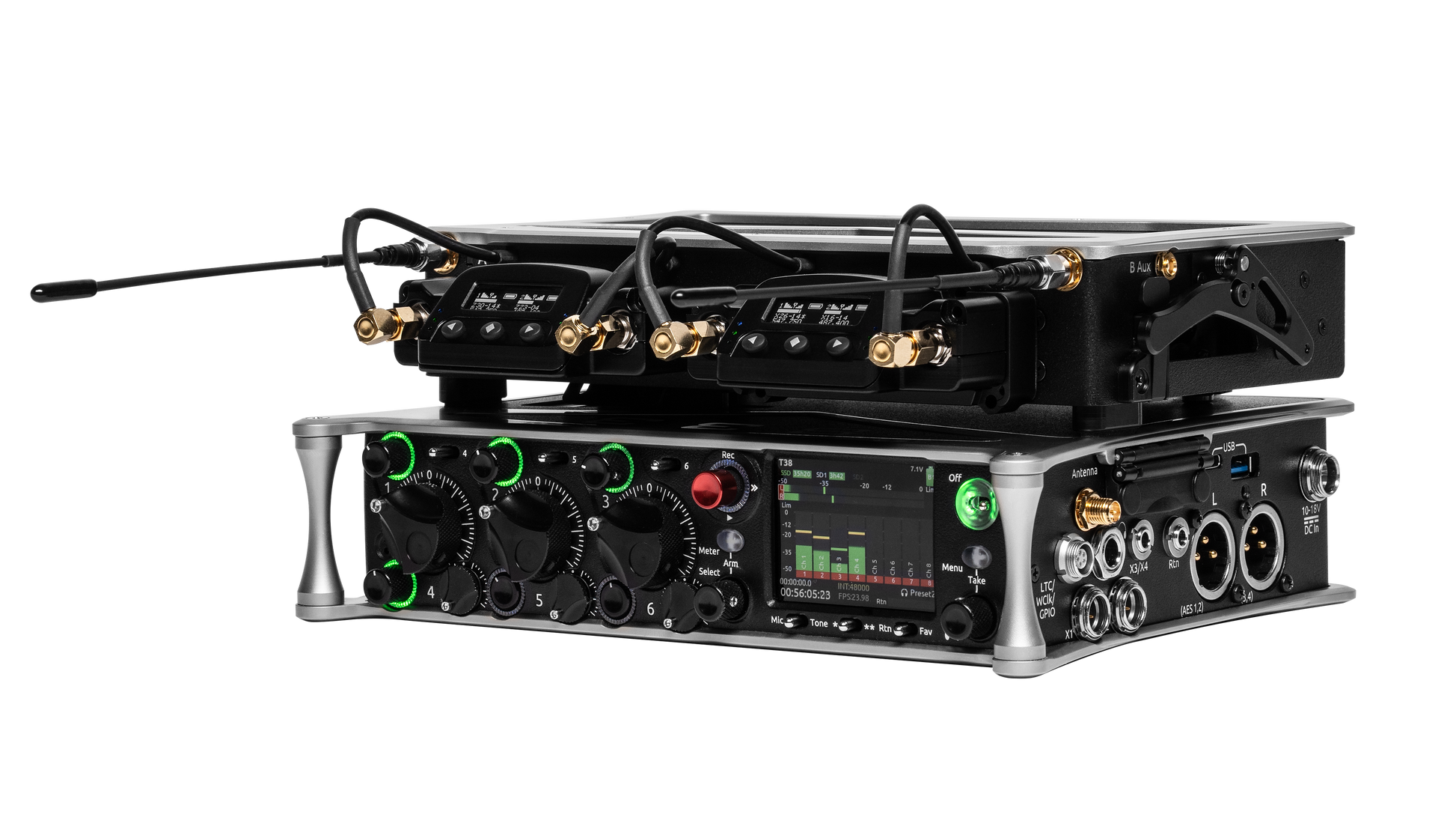 Audio device side view with multi-knob panel, color display, and gold-cabled connectors