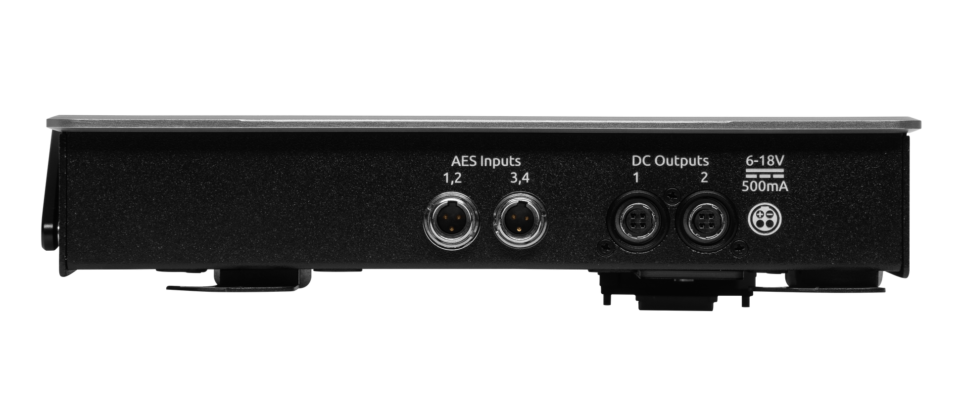 Audio device rear panel with AES inputs, DC outputs, and 6–18V power ports