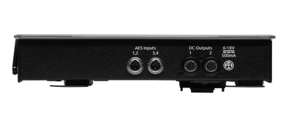 Audio device rear panel with AES inputs, DC outputs, and 6–18V power ports