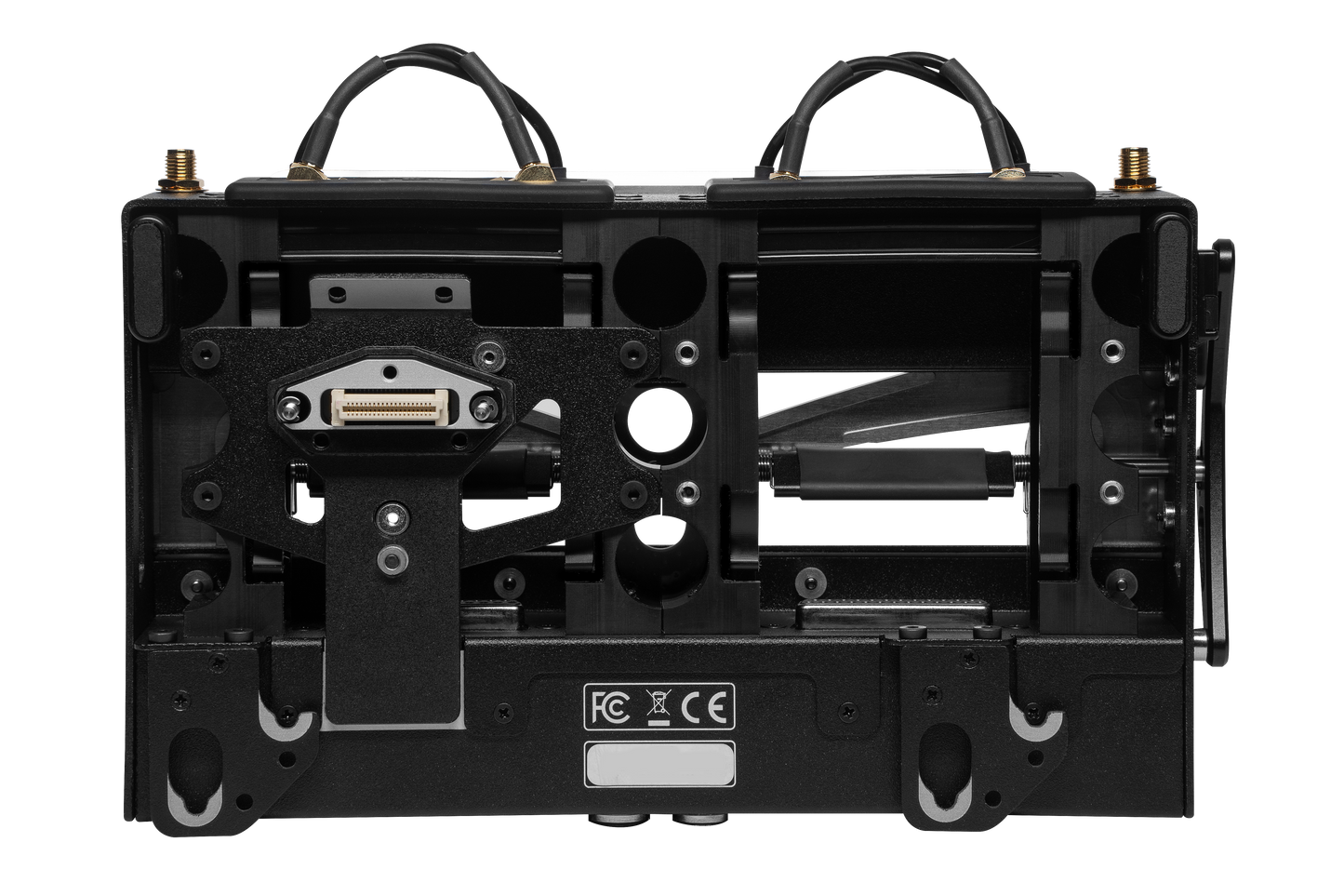Audio device open chassis with internal metal frame, mounting hardware, and ports