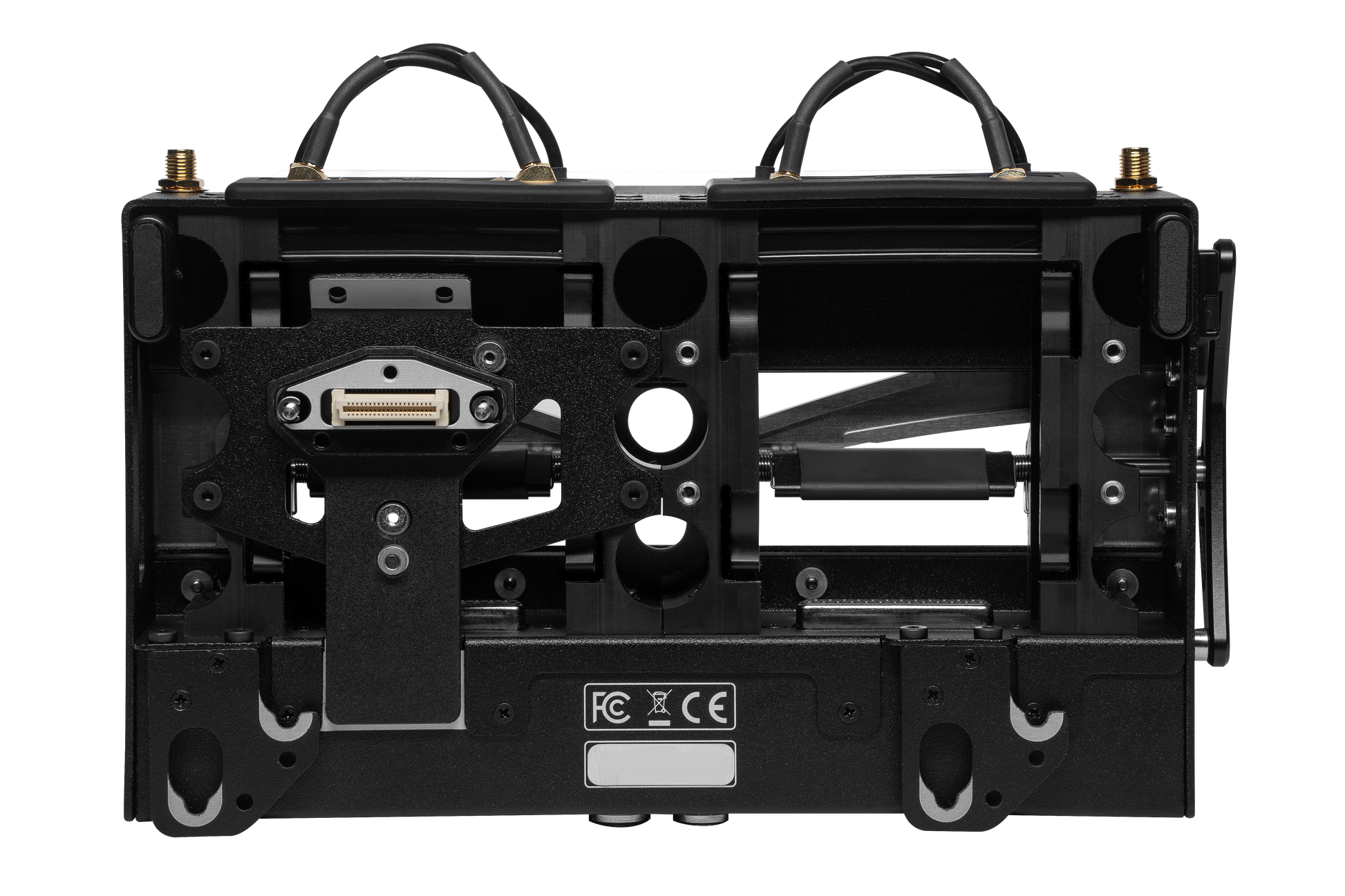 Audio device open chassis with internal metal frame, mounting hardware, and ports