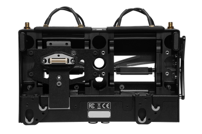 Audio device open chassis with internal metal frame, mounting hardware, and ports