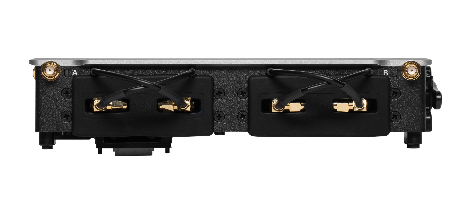 Audio device rear connector panel with gold BNC ports and labeled cable inputs