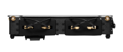 Audio device rear connector panel with gold BNC ports and labeled cable inputs