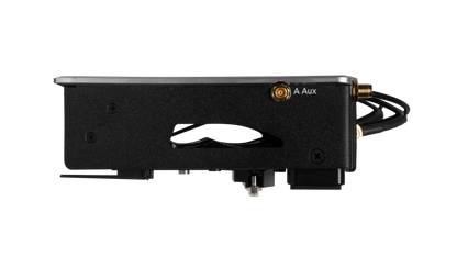 Audio device side panel with A Aux label, cable ports, and black textured housing