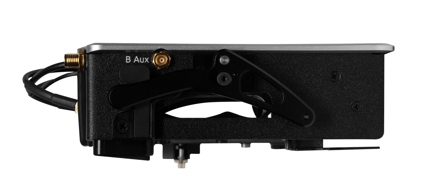 Audio device rear side with B Aux label, bracket hardware, and connector block ports