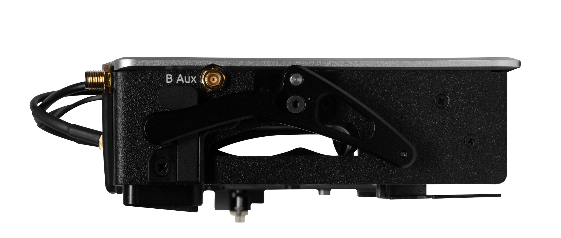 Audio device rear side with B Aux label, bracket hardware, and connector block ports