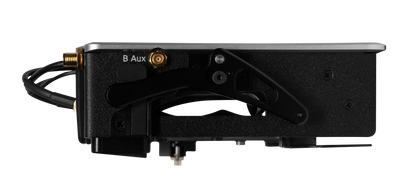 Audio device rear side with B Aux label, bracket hardware, and connector block ports