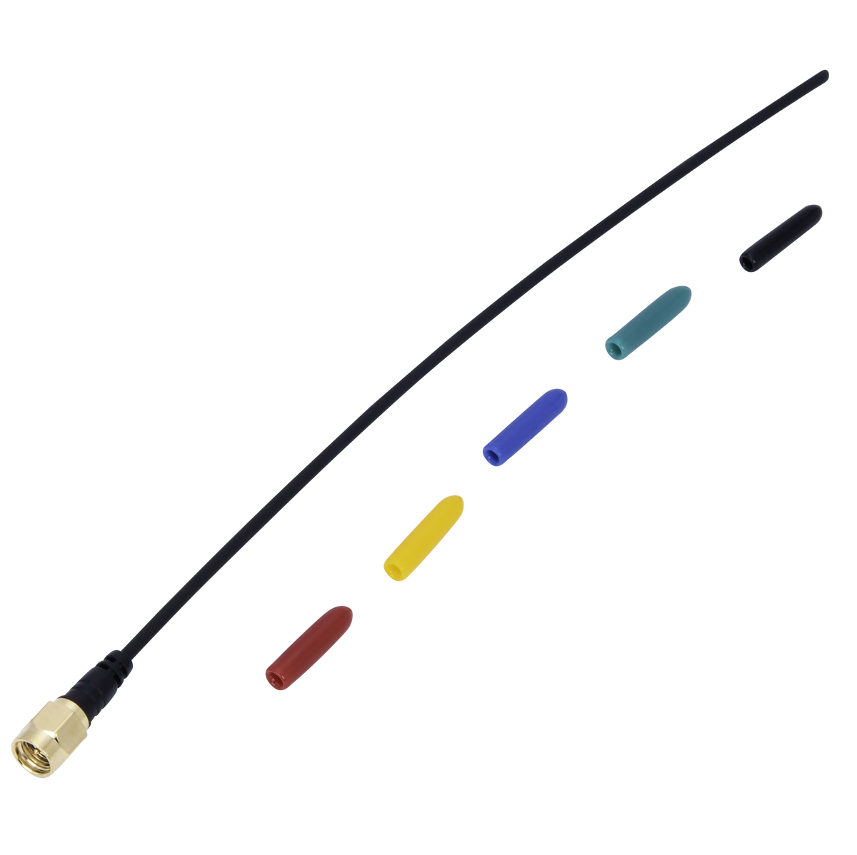 Whip antenna with gold SMA plug and multicolor caps (blue, teal, yellow, red)