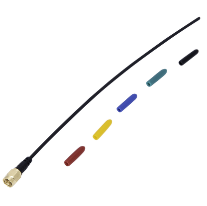 Whip antenna with gold SMA plug and multicolor caps (blue, teal, yellow, red)