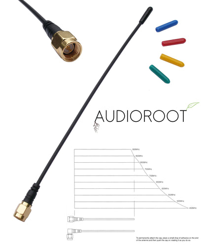 Audioroot SMA whip antenna, black cable with gold SMA connector and size chart