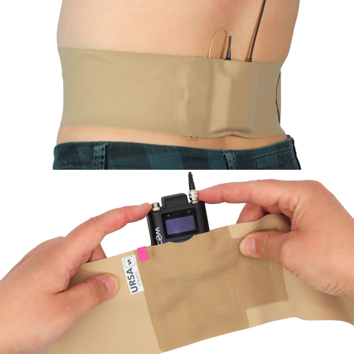 Beige waist strap with single pouch and adjustable hardware connector