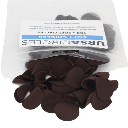 Dark brown round LAV mic soft cover pads in a clear bag, stack of circular pads.
