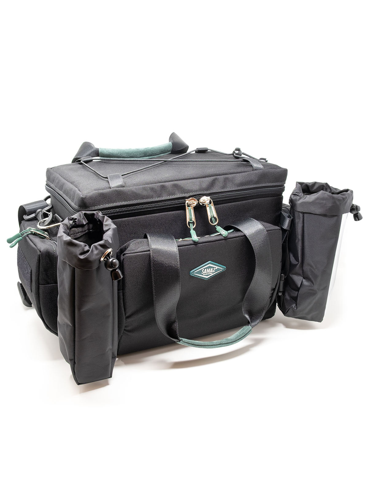 Accessory case in dark gray with teal-lined compartments and multiple side zip pouches