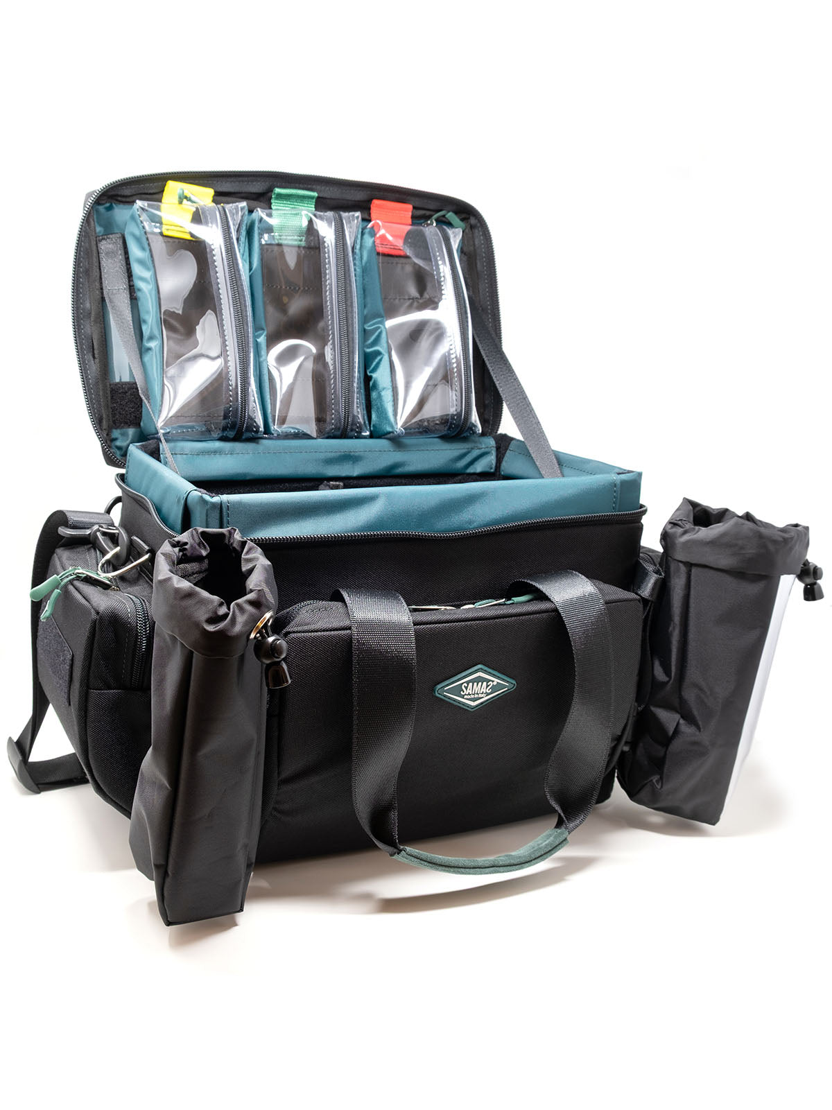 Accessory case with teal organizer panels, black exterior, and front badge shield