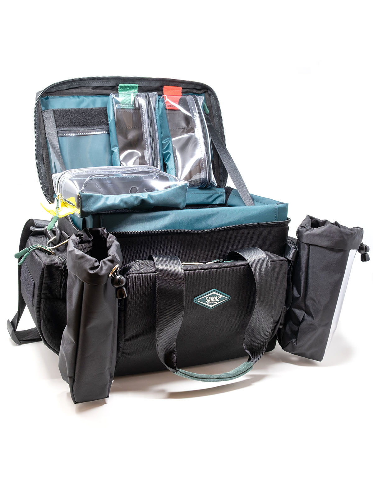 Accessory case with black exterior, teal-lined organizer panels, and side zip pockets