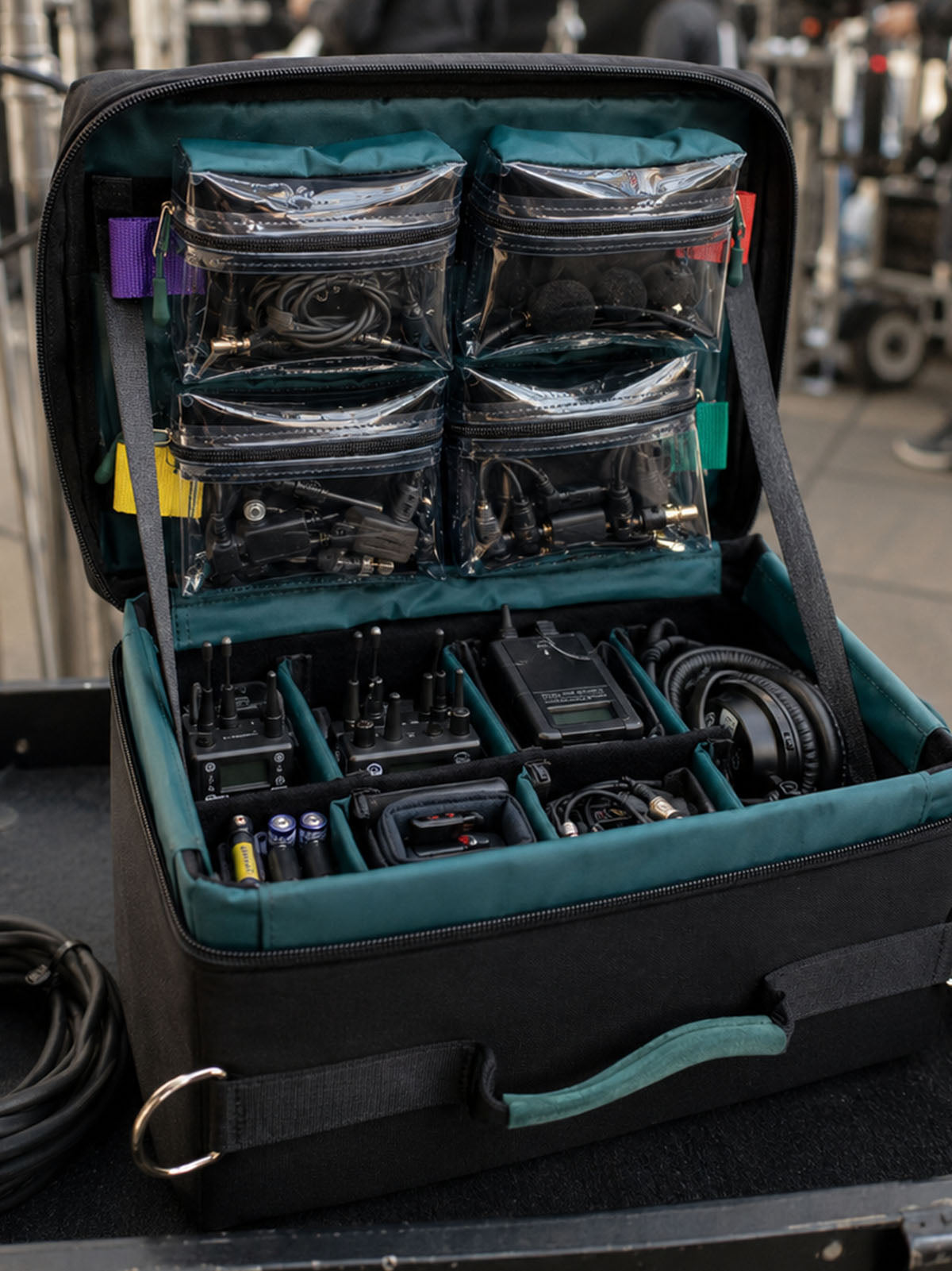 Open black organizer case showing clear zip pouches and teal tool compartment layout.