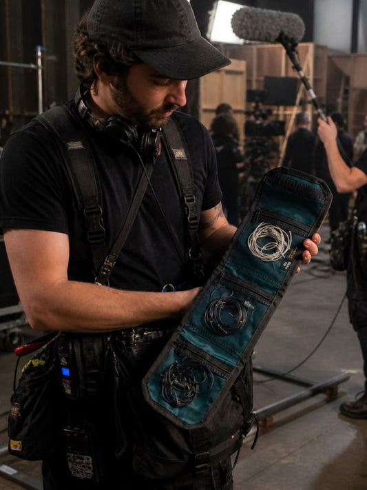 Cap pouch held open, showing teal-lined compartments with zipper closures