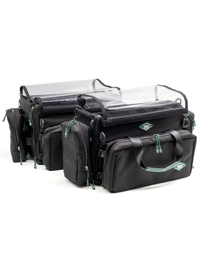 Large audio mixer recorder case with clear lid covers and multiple front organizer pockets