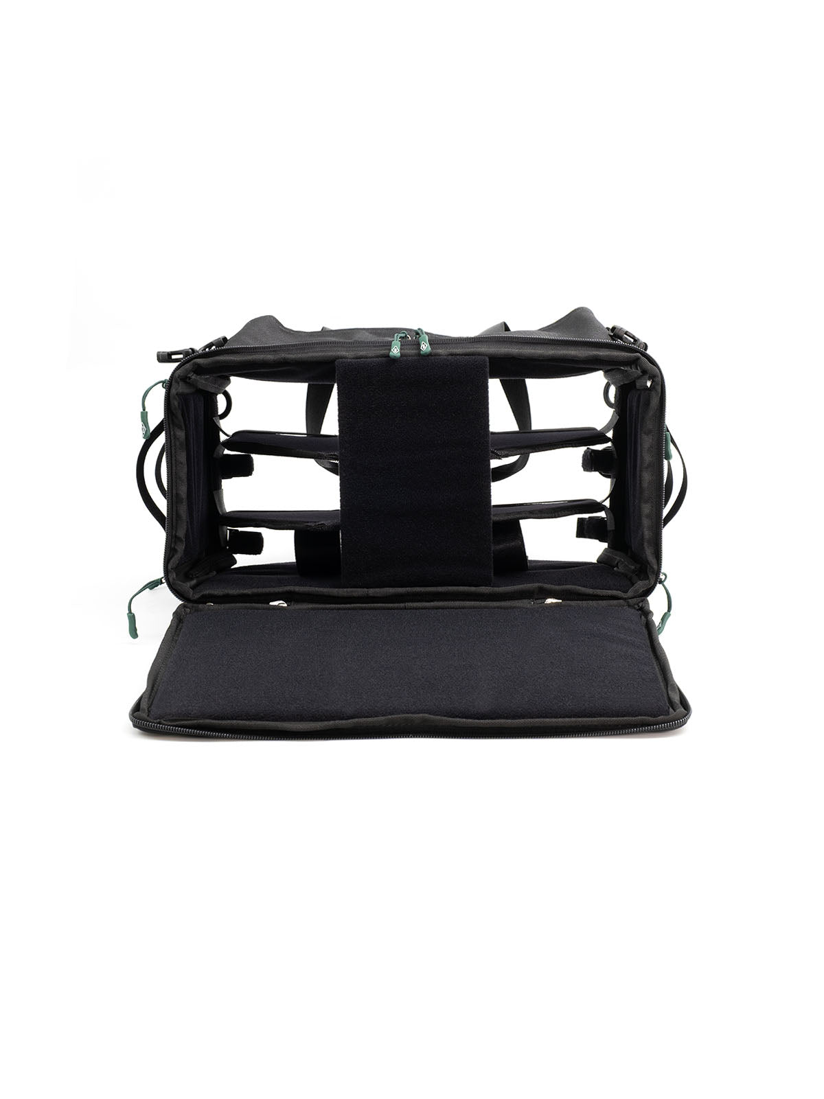 Black medium audio mixer recorder bag with open frame stand and multiple zip sections