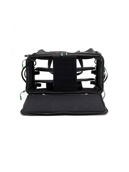 Black medium audio mixer recorder bag with open frame stand and multiple zip sections