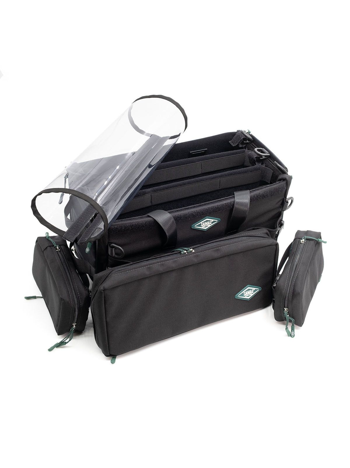 Black audio mixer recorder bag with clear organizer sleeve and zip front pockets