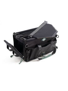 Black medium audio mixer recorder bag with top handle, front zip pocket, and teal trim