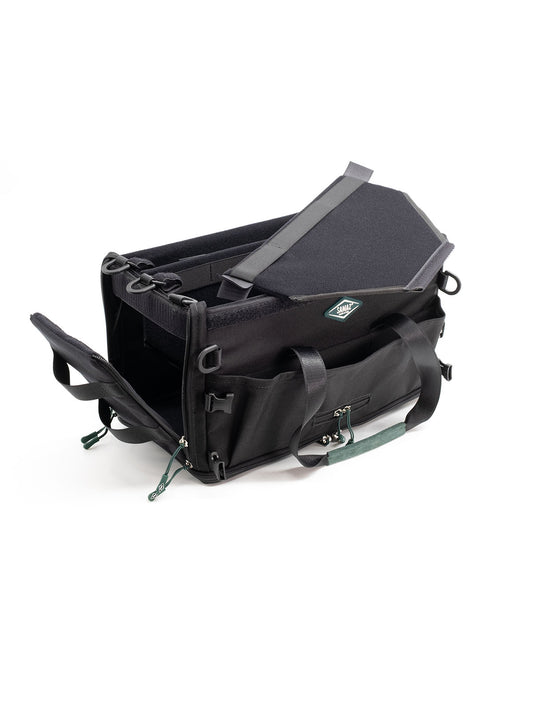 Black medium audio mixer recorder bag with top handle, front zip pocket, and teal trim