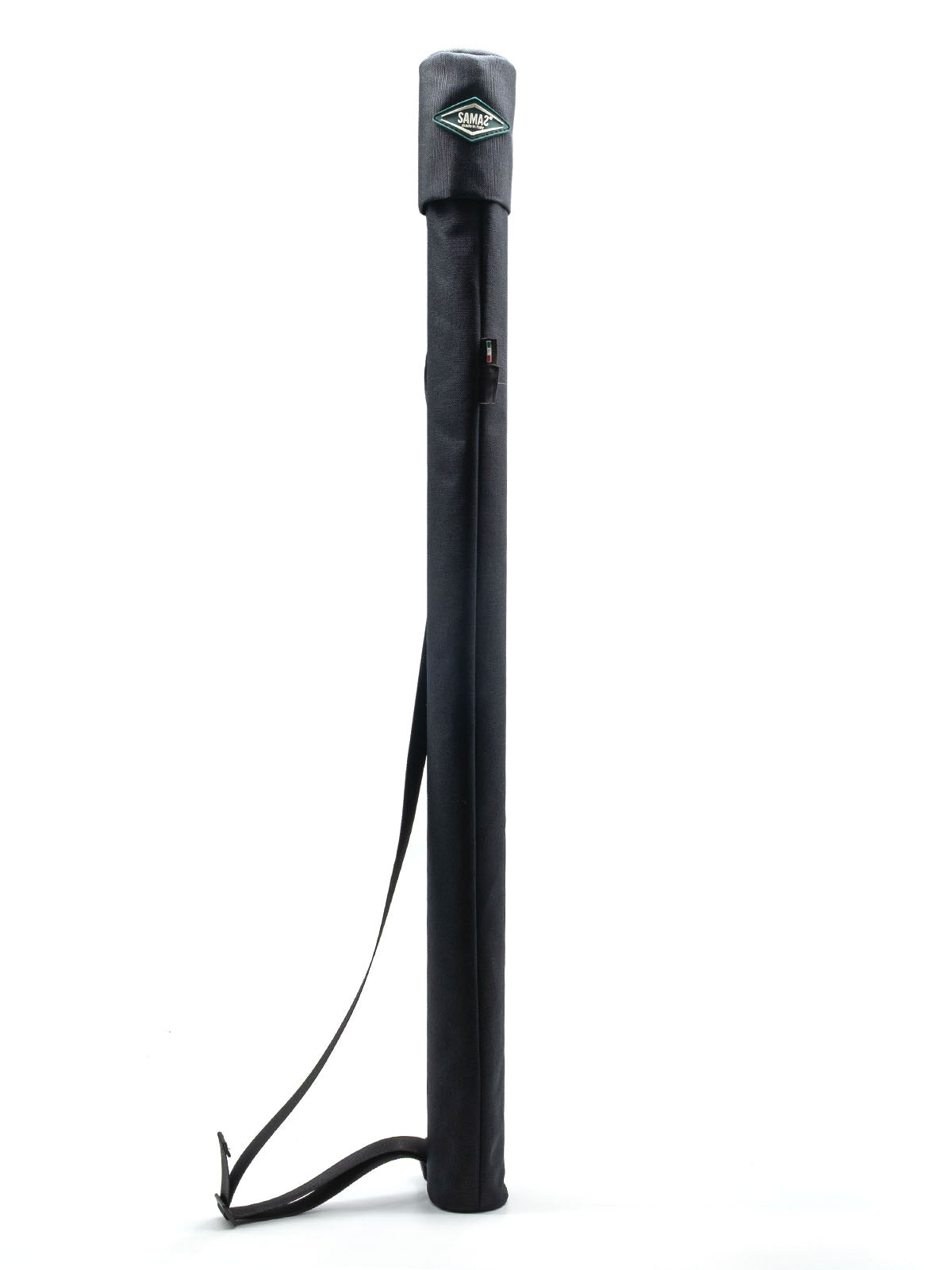 Dark fabric boom holder tube with shoulder strap and logo patch