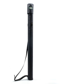 Dark fabric boom holder tube with shoulder strap and logo patch