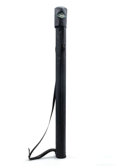 Dark fabric boom holder tube with shoulder strap and logo patch