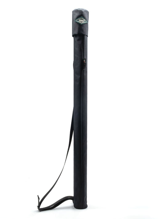 Dark fabric boom holder tube with shoulder strap and logo patch