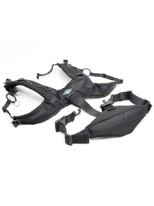 Black adjustable harness with multiple straps, buckles, and D-ring connectors
