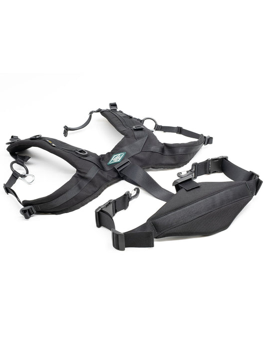 Black adjustable harness with multiple straps, buckles, and D-ring connectors