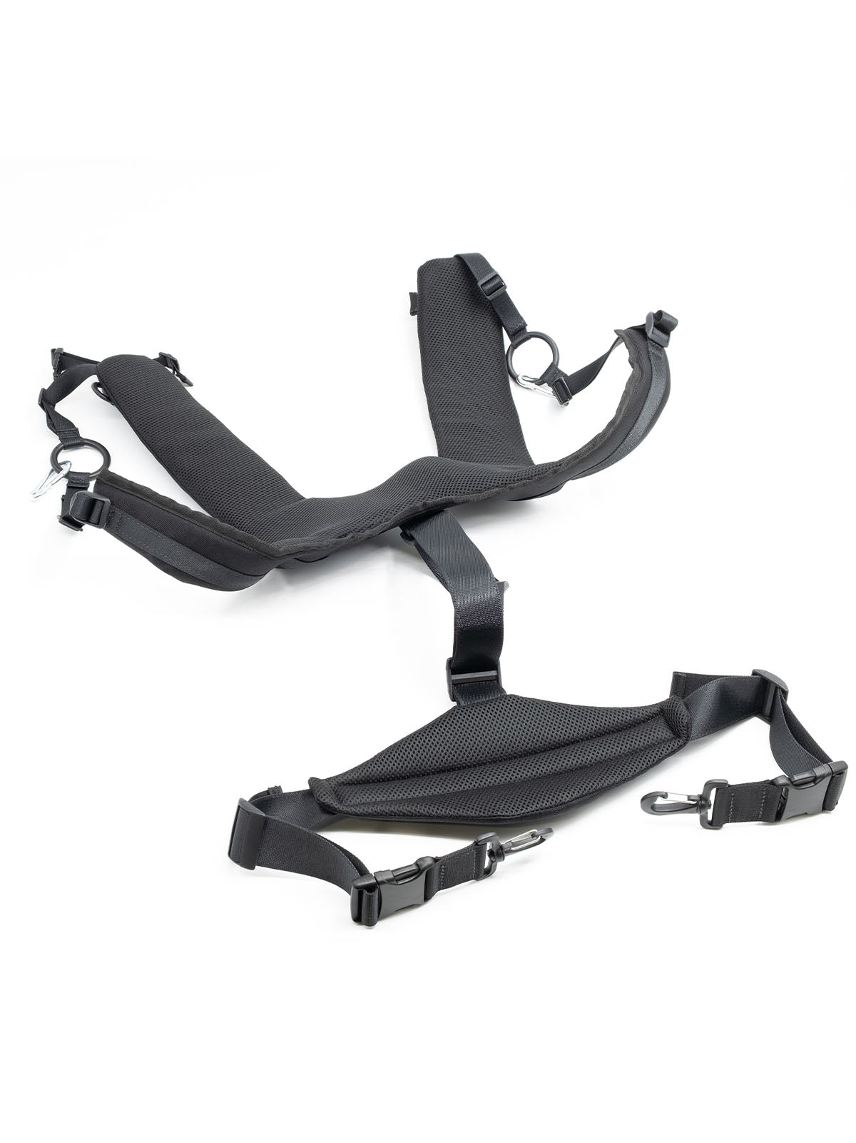 Black harness system with chest strap, waist strap, and metal ring attachment points