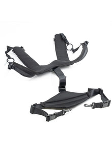 Black harness system with chest strap, waist strap, and metal ring attachment points