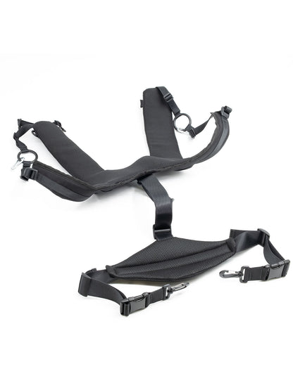 Black harness system with chest strap, waist strap, and metal ring attachment points