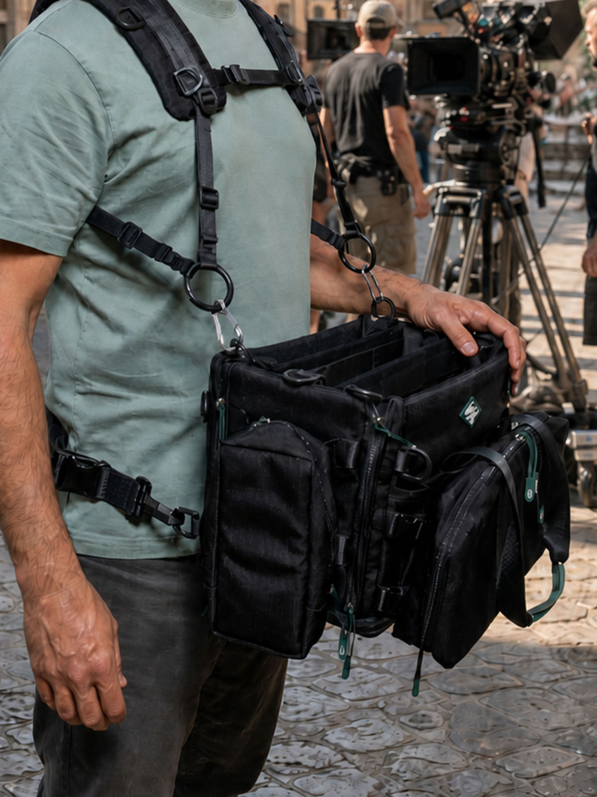 Black harness with front organizer pouches and adjustable shoulder straps on wearer