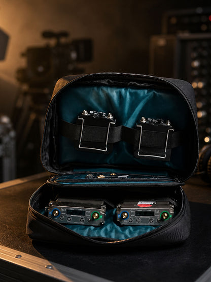 Radio holder case open to show two radios in teal-lined compartments