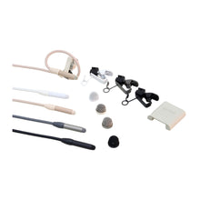 Lavalier microphone set with cables, foam windscreens, and mounting clips in mixed colors