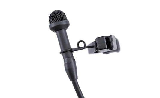 Black lavalier microphone capsule with foam windscreen and clip mount