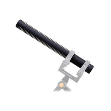 Sanken CS-1e shotgun microphone with shock mount, angled view.