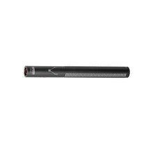 Shotgun microphone with side grille and output connector on dark body
